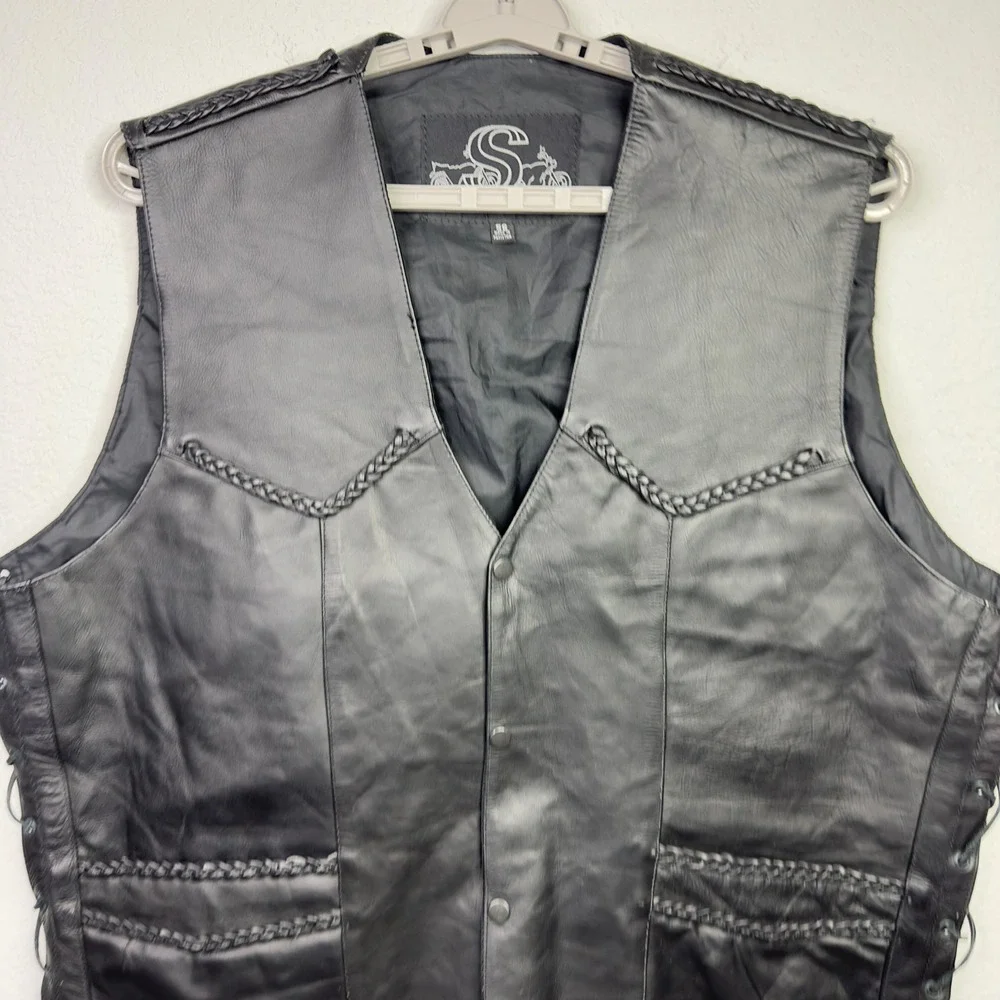 Shaf Leather Vest Mens‎ 56 Black Braided Lace-Up Snap Motorcycle Biker Grunge